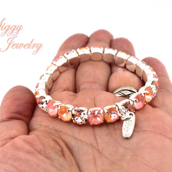Flamingo Glow Peach and Pink Crystal Stretch Bracelet Made with Austrian Crystal - Picture 9 of 9